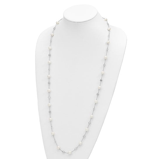 Cheryl M Sterling Silver Rhodium-plated Glass Pearl and Brilliant-cut CZ Bezel Station 36 Inch Necklace