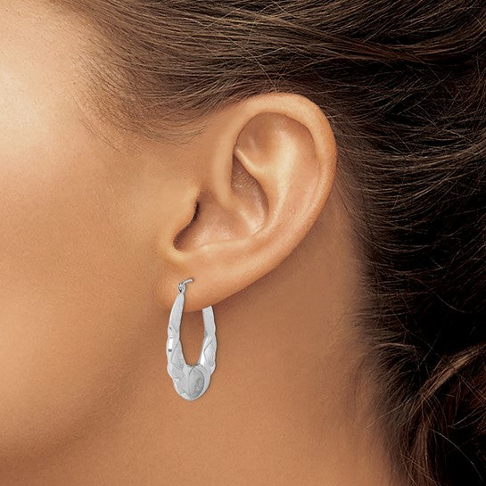 Sterling Silver Rhod-plated Satin and D/C Scalloped Oval Hoop Earrings
