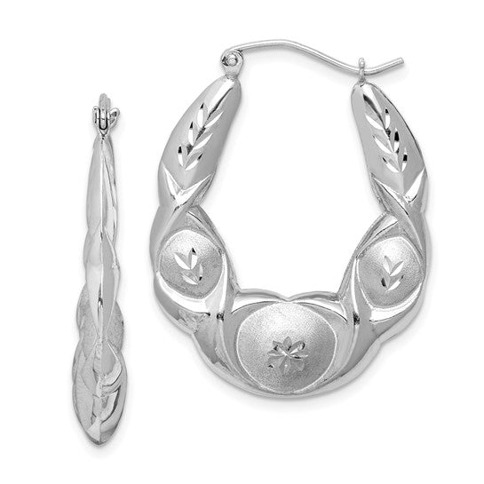 Sterling Silver Rhod-plated Satin and D/C Scalloped Oval Hoop Earrings