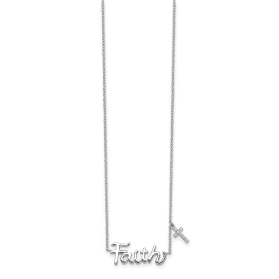 Sterling Silver Rhodium-plated FAITH with CZ Cross Charm Necklace