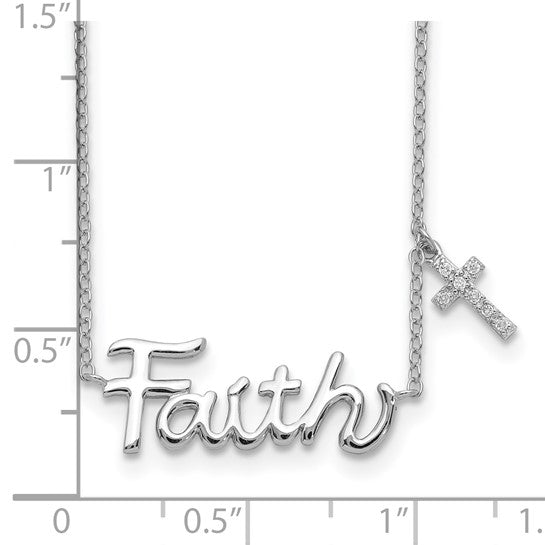 Sterling Silver Rhodium-plated FAITH with CZ Cross Charm Necklace