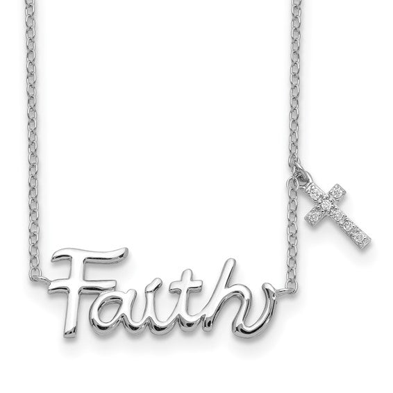 Sterling Silver Rhodium-plated FAITH with CZ Cross Charm Necklace