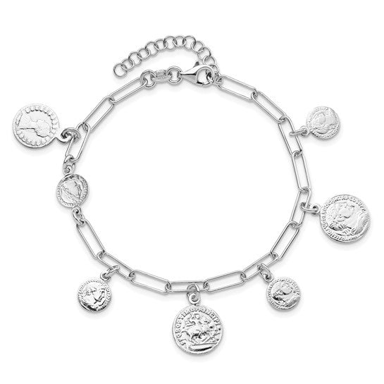 Sterling Silver Rhodium-plated Polished Coin Charm with 1in ext. Bracelet