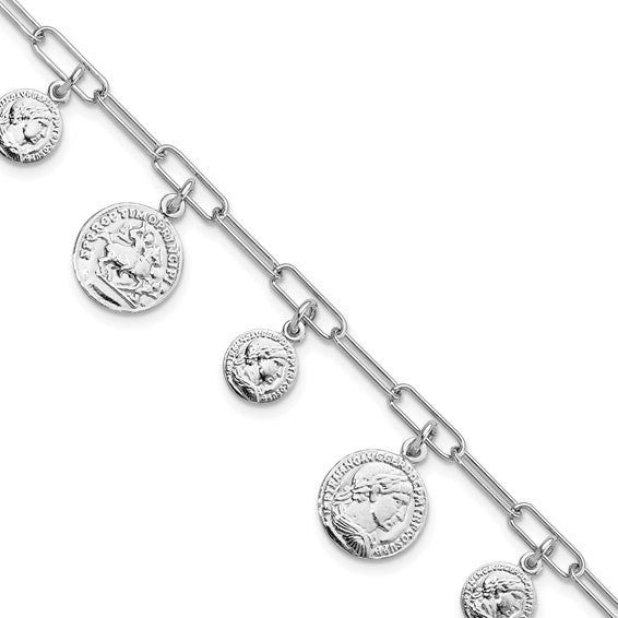 Sterling Silver Rhodium-plated Polished Coin Charm with 1in ext. Bracelet