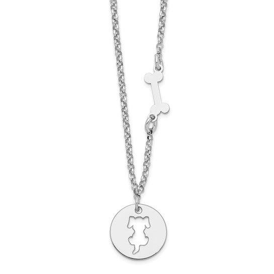 Sterling Silver Rhodium-plated Puppy and Bone with 1 in Ext Necklace