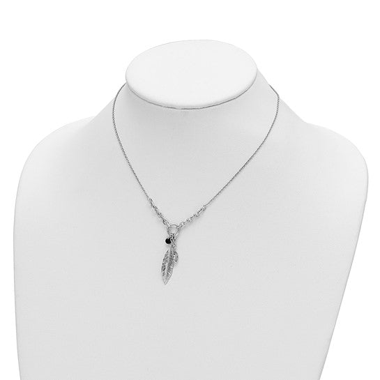 Sterling Silver Rhodium-plated Feather and CZ with 1 in Ext Necklace