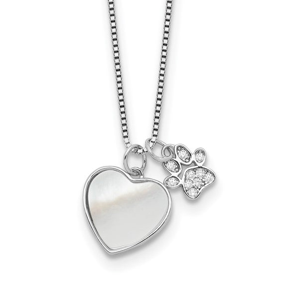 Sterling Silver Rhod-plated MOP/CZ Paw with 2IN Ext Necklace
