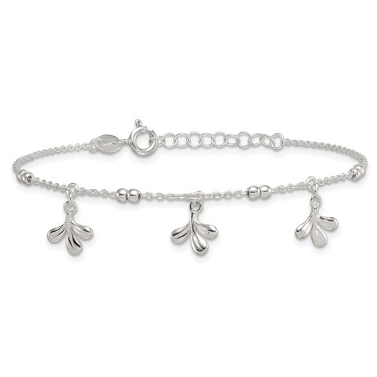 Sterling Silver Polished and Beaded with Three Leaf Dangles 7 inch with 1 inch Extension Bracelet