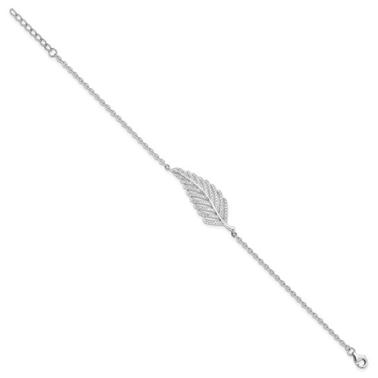 Brilliant Embers Sterling Silver Rhodium-plated 87 Stone 7 inch Micro Pavé CZ Feather Bracelet with 1 inch Extender