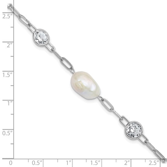 Cheryl M Sterling Silver Rhodium-plated Polished Freshwater Cultured Pearl and CZ Link with .75 Inch Extension Bracelet
