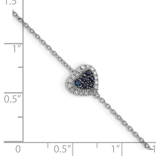 Sterling Silver Rhodium Diam. and Sapphire Heart Bracelet