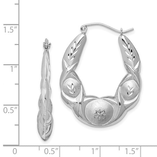 Sterling Silver Rhod-plated Satin and D/C Scalloped Oval Hoop Earrings