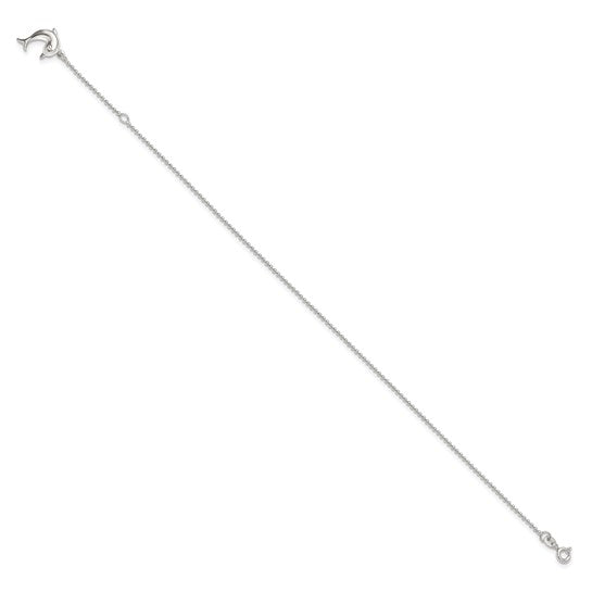 Sterling Silver Dolphin Dangle 9 inch Plus 1 inch Extender - Total 10 inch Anklet