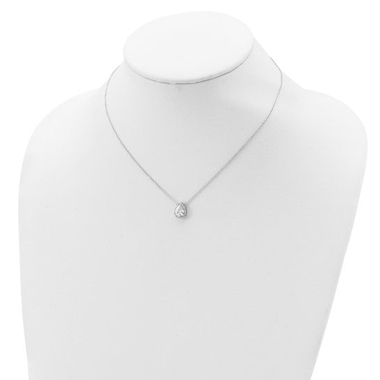Sterling Silver Rhodium-plated Pear CZ Halo with 1in ext Necklace