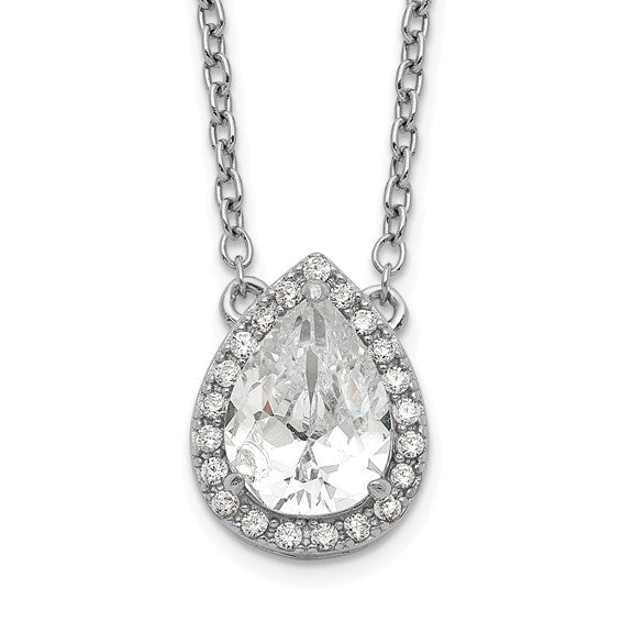 Sterling Silver Rhodium-plated Pear CZ Halo with 1in ext Necklace