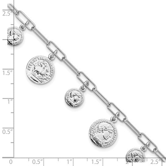 Sterling Silver Rhodium-plated Polished Coin Charm with 1in ext. Bracelet