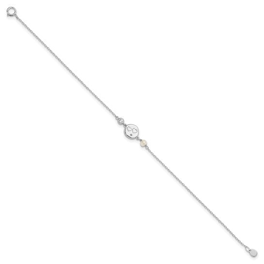 Sterling Silver Rhodium-plated CZ FW Cultured Pearl with Hearts Bracelet
