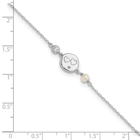 Sterling Silver Rhodium-plated CZ FW Cultured Pearl with Hearts Bracelet