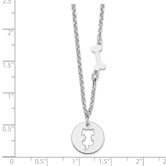 Sterling Silver Rhodium-plated Puppy and Bone with 1 in Ext Necklace