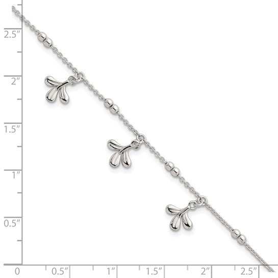 Sterling Silver Polished and Beaded with Three Leaf Dangles 7 inch with 1 inch Extension Bracelet