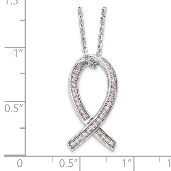 Brilliant Embers Sterling Silver Rhodium-plated 38 Stone 18 inch Micro Pavé Pink CZ Awareness Ribbon Necklace with 2 Inch Extender