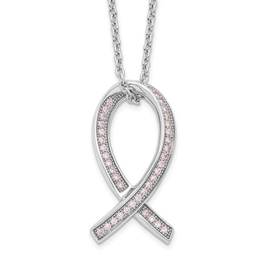 Brilliant Embers Sterling Silver Rhodium-plated 38 Stone 18 inch Micro Pavé Pink CZ Awareness Ribbon Necklace with 2 Inch Extender