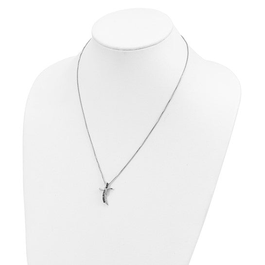 White Night Sterling Silver Rhodium-plated Black and White Diamond Cross 18 Inch Necklace with 2 Inch Extender